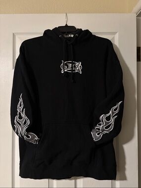 LBZ Black Hooded Sweatshirt with White Flame Sleeve Graphic XL